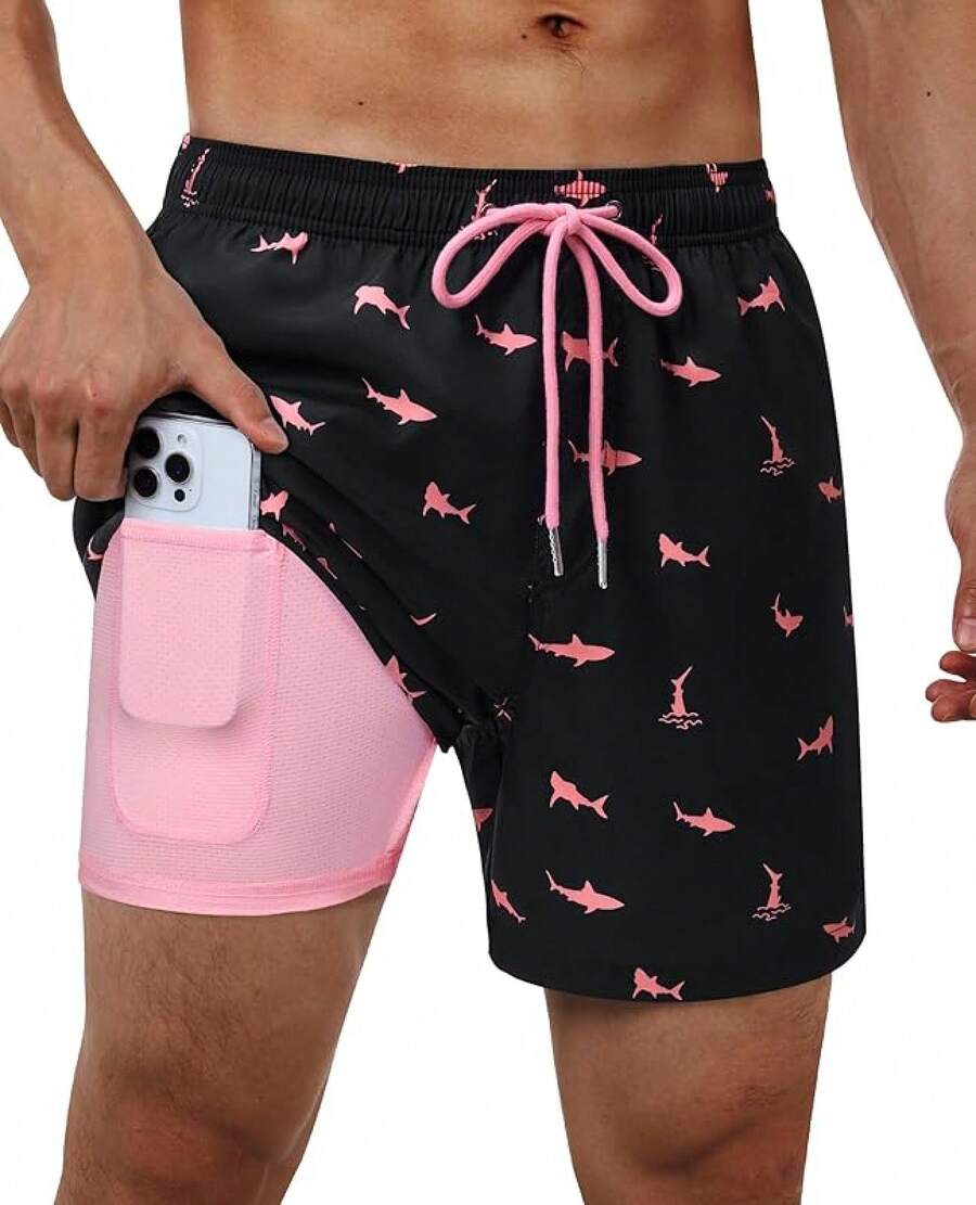 Bañador de hombre con forro de compresión, pantalón corto de baño de 5 pulgadas de entrepierna para hombres - Tiburón negro y rosa - Ver 1