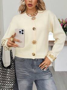 Live To Mo Winter For Women Christmas Beige Knit Cardigan Sweater - Fashionable Casual Style With Gold Buttons, Thanksgiving For Women Going Out Tops