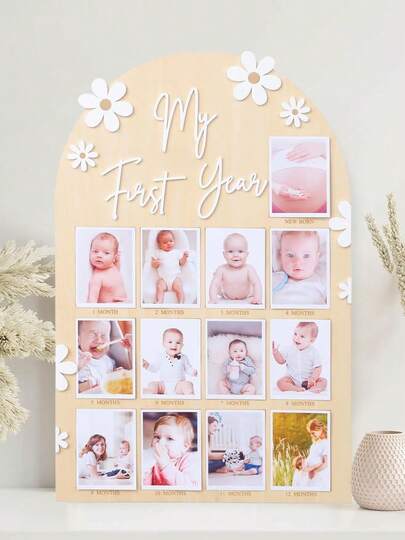 1个婴儿相框，木质里程碑照片展示板，记录新生儿第一年的成长历程，可定制12个月照片，适合男宝宝、女宝宝，可用于婴儿派对、家庭装饰、礼物、复活节礼物等。