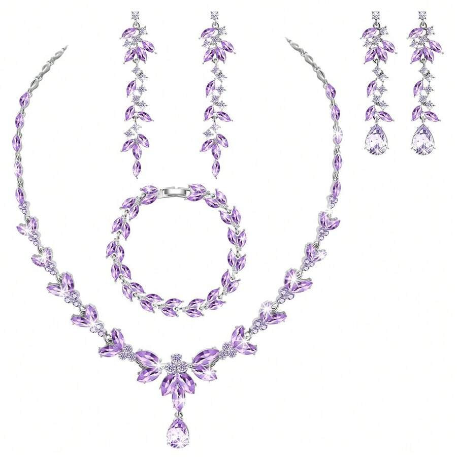 Landical Wedding Jewelry Set For Women Bridal Bridesmaid Accessories Necklace Bracelet Earrings For Party,Violet - Violet - 查看 1