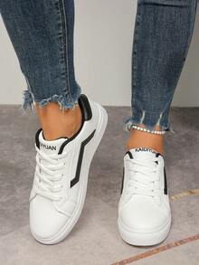 女士白色英伦风系带运动鞋，圆头低帮平底滑板鞋，时尚透气防滑小白鞋，适合学生 - 白色 - 查看 5