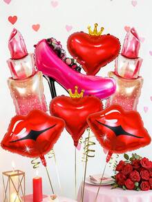 7pcs Lipstick & Lip Print Foil Balloon Set, Includes Lipstick Balloon, Lip Print Balloon, Crown Heart Balloon, High Heel Balloon, Suitable For Girls Party, Bachelorette Party, Birthday Decoration, Bridal Shower, Wedding, Masquerade Ball, Makeup Party, Bachelorette, Anniversary Celebration, Valentine's Day - Multicolor - View 4
