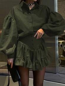 Women's Elegant Ruffle Hem Mini Skirt 2 Pieces Set, Solid Color, Elegant Spring - Army Green - View 6