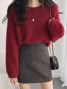 女式纯色马海毛圆领毛衣，秋冬 - 紅色 - 查看 3