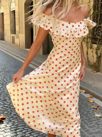 女士波尔卡圆点荷叶边绷带长裙：露肩夏季海滩太阳裙