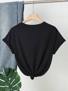 Plus Size Women's Letter & Fruit Print Short Sleeve T-Shirt - Black - View 2