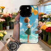Cubierta de teléfono con diseño de niña con globos azul cielo y verde para mujer estilo veraniego ideal para uso diario y ocasiones casuales Aplicable a los teléfonos de la serie Apple y Galaxy - Negro - Ver 2