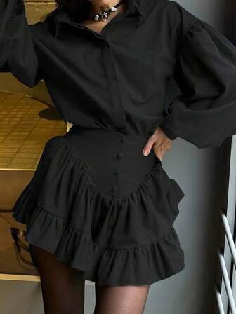 Elegant minikjol med volangkant för kvinnor, 2-delat set, enfärgad, elegant