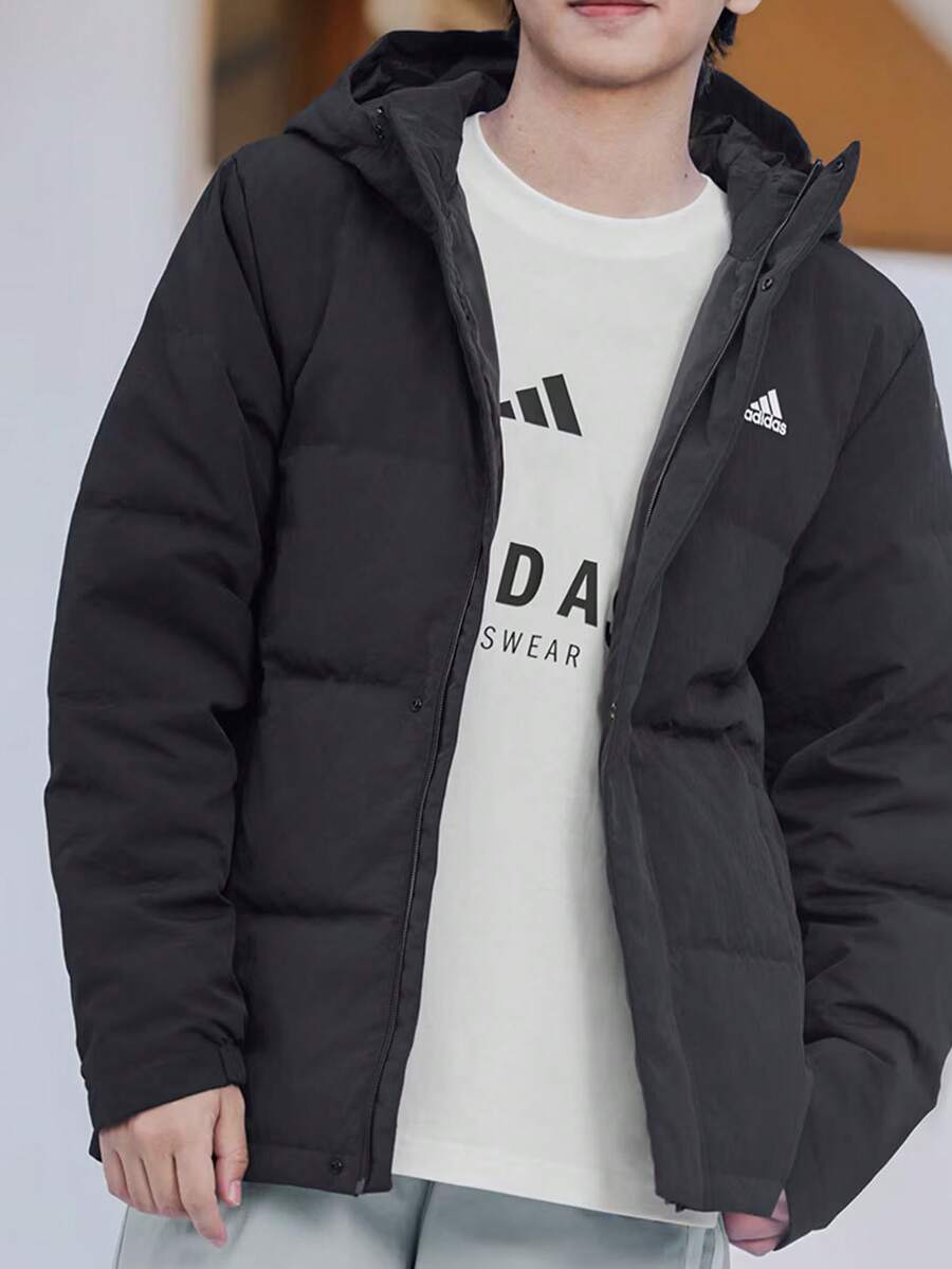 Adidas 阿迪达斯常规款 Daily 500 字母标志印花长袖连帽保暖羽绒服，男款，黑色 - 黑色 - 查看 1