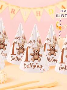 6pcs Brown Bear 1st Birthday Party Paper Party Hats, Celebrate First Birthday Paper Party Hat, Brown Balloon Bear 1st Birthday Design Birthday Hat For Birthday Party Decoration, 1st Birthday Party Photo Decoration Props, 1st Birthday Party Hat Decorative Supplies, Babe Shower Party Accessories Decoration Hats,Baby Shower Gift,Babe Shower Decor,1st Birthday Gifts,Gender Reveal Decor,Birthday Decor - Brown Bear 1st Birthday - View 2