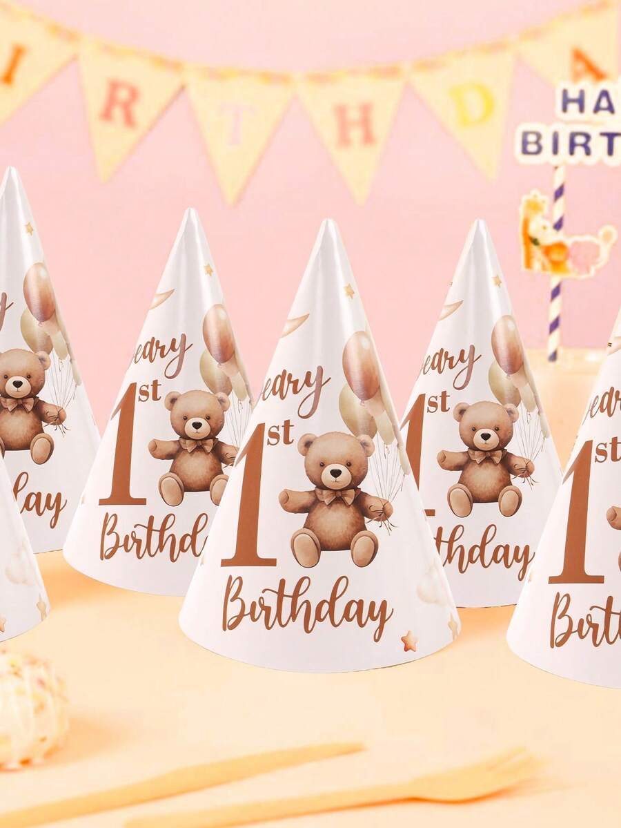 6pcs Brown Bear 1st Birthday Party Paper Party Hats, Celebrate First Birthday Paper Party Hat, Brown Balloon Bear 1st Birthday Design Birthday Hat For Birthday Party Decoration, 1st Birthday Party Photo Decoration Props, 1st Birthday Party Hat Decorative Supplies, Babe Shower Party Accessories Decoration Hats,Baby Shower Gift,Babe Shower Decor,1st Birthday Gifts,Gender Reveal Decor,Birthday Decor