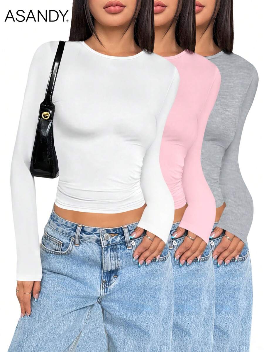 3pcs/Set Women Crew Neck Long Sleeve Basic Solid Color T-Shirt, Fitted Casual Pullover Tops, Spring & Autumn - Multicolor - View 1