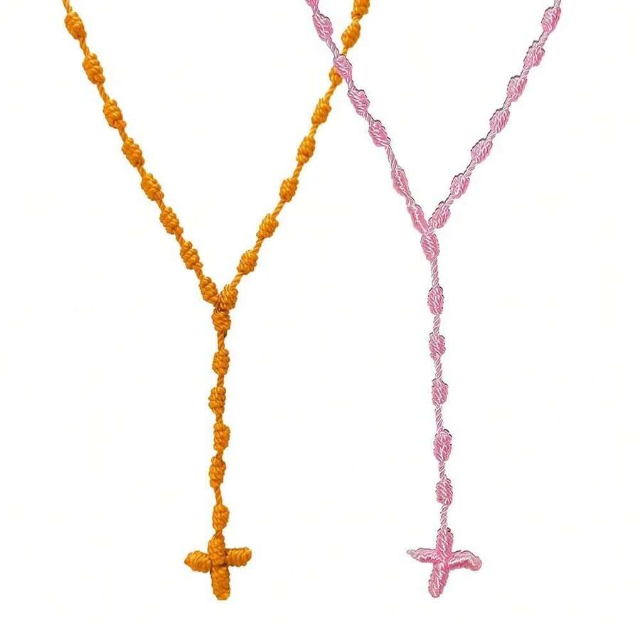 Handmade Irregular Catholic Cord Rosary Necklace Knotted Rope Rosary Cross Knot Necklace Set Black Knotted Cord Rope Beads Large And Strong For Men Women,OrangeAndPink - 橙粉紅色 - 查看 1