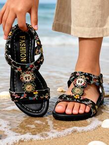 2024 Summer New Fashion Glamorous Girls' Sandals With Red Beads & Rhinestones Metal Buckle, Black Soft Bottom Open Toe Sandals, Party Outfit Essential, Viral Hot Selling Children's Sandals, Soft Bottom Comfortable Non-Abrasive Girls' Preferred Sandals - 黑色 - 查看 4