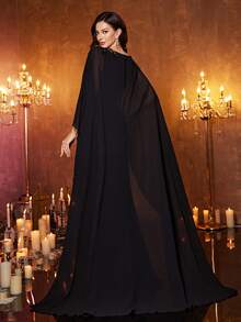 Vestido de noche de punto de yute ajustado, con mangas de pieza flotante, de cuello redondo y parche de lentejuelas para mujer de SUPGIR - Negro - Ver 2