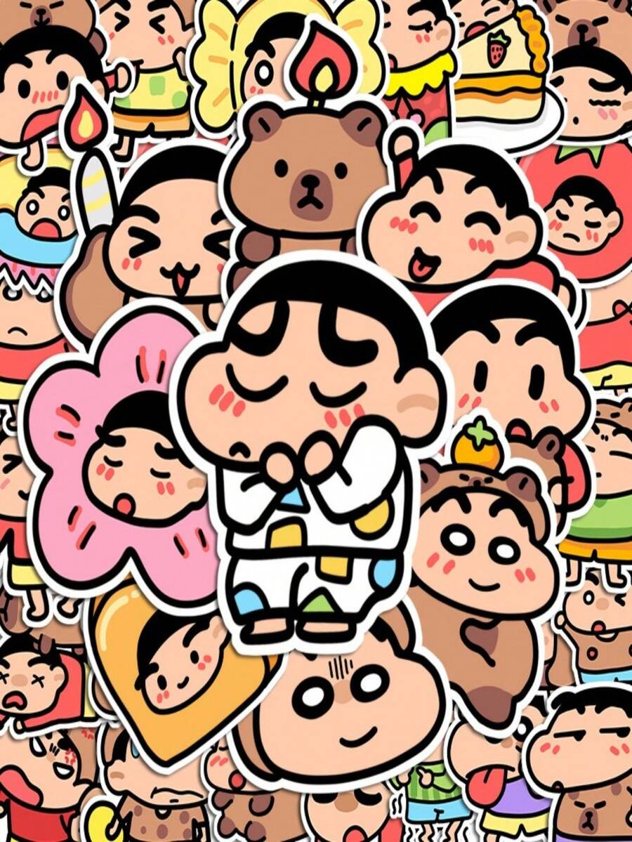 一套60张蜡笔小新可爱卡通贴纸，创意组合，可用于笔记本、计划本等装饰，适用于手机、笔记本电脑、行李箱、水杯、滑板、笔记本和吉他等。适合日常使用、儿童生日礼物、开学季准备等场合。 - 彩色 - 查看 1