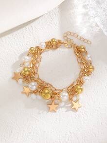 1 pieza Pulsera con colgante de estilo bohemio con estrella de mar, concha, flor y corazón, adecuada para uso diario y vacacional de mujeres, gran regalo - Amarillo Oro - Ver 7