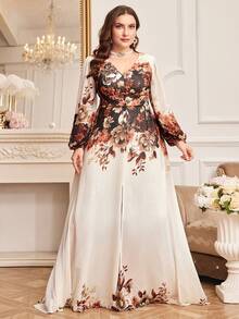 Đầm chiffon Ả Rập cỡ lớn với cổ chữ V, tay dài kiểu giám mục và họa tiết hoa thanh lịch ở gấu váy xòe, kiểu áo kaftan Ma-rốc mùa xuân. - Nhiều màu - Xem 1