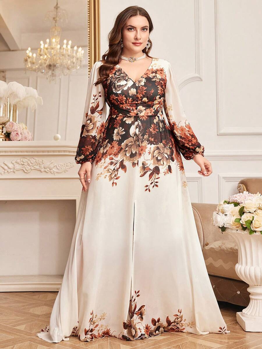 Đầm chiffon Ả Rập cỡ lớn với cổ chữ V, tay dài kiểu giám mục và họa tiết hoa thanh lịch ở gấu váy xòe, kiểu áo kaftan Ma-rốc mùa xuân. - Nhiều màu - Xem 1