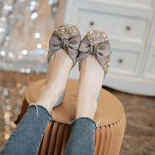 SAILING LU Square Toe Flats Shoes Rhinestoned Bowknots Ballet Flats For Women Studded Dress Shoes Comfort Light Weight LoafersChristmas - G283-深棕色 - 查看 7