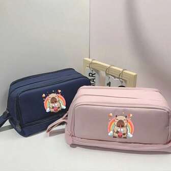 Geantă mare de creioane multifuncțională cu 4 straturi și imprimeu drăguț Capybara, creion de depozitare cu fermoar și mâner ușor de prins, potrivită pentru organizarea biroului/depozitarea cosmeticelor/depozitarea articolelor mici, papetărie și rechizite școlare, creion, creion multistrat de mare capacitate, perfect pentru cadouri de întoarcere la școală și de Crăciun