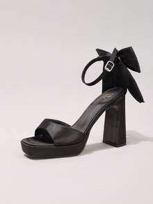 Giày sandal cao gót đen thắt nơ gợi cảm dành cho nữ, đế xuồng hở mũi, gót chunky, giày dự tiệc thời trang, phù hợp với trang phục mùa xuân hè. - màu đen - Xem 11