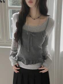 2件套韩式荷叶边波点吊带T恤，修身百搭 - 灰色 - 查看 2