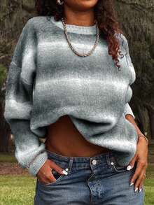 Live To Mo Women's Winter Sweater, Y2K Valentine's Day Outfit, Women's Casual Long Sleeve Knit Top - Cute Striped Blue Pullover, Essential For Daily Wear - Grey - View 8