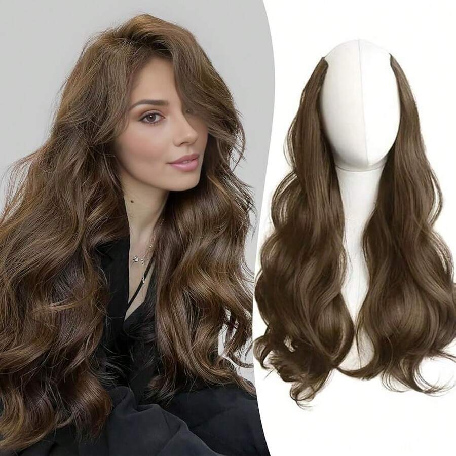1 pieza de extensiones para uso diario, extensiones con clip en forma de V para mujeres, extensiones de cabello suaves y gruesas de color marrón, extensiones de cabello ondulado con clip con 5 clips, extensiones de cabello sintético de 20 pulgadas, color marrón claro - Marrón claro - Ver 1