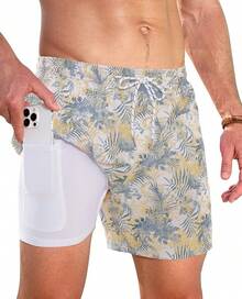 Bañador de hombre con forro de compresión, pantalón corto de baño de 5 pulgadas de entrepierna para hombres - Azul Amarillo - Ver 11