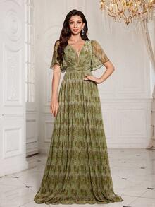 Women's Deep V-Neck Ruffle Sleeve Waist Pleated Formal Bridesmaid Dress - Olive Green - View 1
