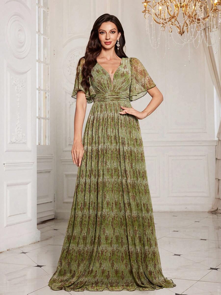 Women's Deep V-Neck Ruffle Sleeve Waist Pleated Formal Bridesmaid Dress - Olive Green - View 1