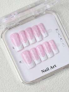 10 Pieces/Set Of Square Pink And White Gradient Full Coverage Handmade Nail Art Set, Three-Dimensional Pink Flower Embellishment Is Eye-Catching, Sweet And Exquisite, Easy To Create A Fairy Manicure, Add A Atmosphere To Fingertips, Ingenuity, Show Bold Fashion. Parties, Dancing, And Everyday Wear. It Is A Great Women And Girls. - Hồng - Xem 5