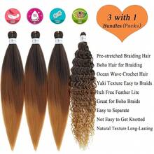 Ombre Braiding Hair Pre Stretched 1B/30/27 Curly Wavy Braiding Hair Boho Braids 26 Inch Bohemian Hypoallergenic Knotless Curls Deep Water Ocean Wave Crochet Braids Extensions 4 Packs,1B/30/27BohoBraidingHair4Packs - 1B/30/27波西米亞風編發4包 - 查看 5