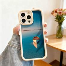 Cubierta de telefono con borde negro diseño de barco en agua azul para iPhone 14 Pro Max estilo minimalista ideal para uso diario y viajes - Burdeos - Ver 4