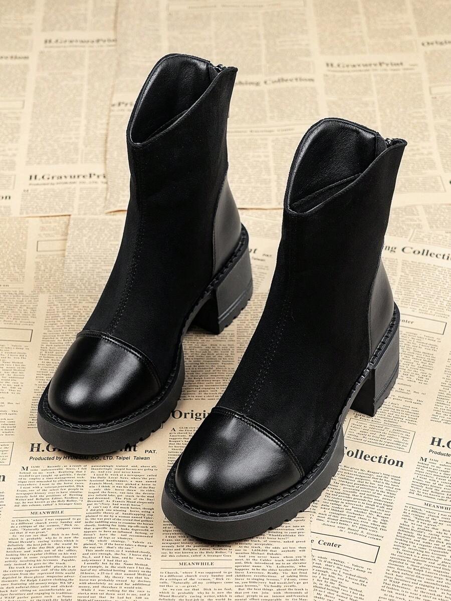 Elegant Vintage High Heel Short Boots For Women, 2025 Autumn/Winter New Fashion Leather & Suede Patchwork Back Zipper Ankle Boots, Versatile Commuting Stylish Boots,Elegant - Black - View 1
