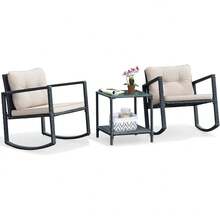 3 Pieces Patio Wicker Rocking Set, Outdoor Rocking Chairs And Table Set With Cushions, Glass Coffee Table With Storage Shelf, Suitable For Patio, Garden, Poolside, Balcony - Màu ngọc lam - Xem 1