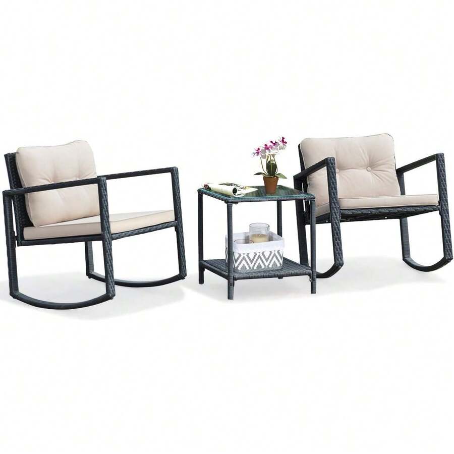 3 Pieces Patio Wicker Rocking Set, Outdoor Rocking Chairs And Table Set With Cushions, Glass Coffee Table With Storage Shelf, Suitable For Patio, Garden, Poolside, Balcony - Màu ngọc lam - Xem 1