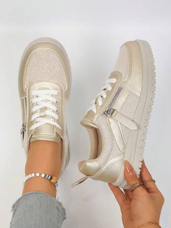 รองเท้าผ้าใบแบบลำลองสำหรับผู้หญิง, ฤดูใบไม้ผลิ/ใบไม้ร่วงใหม่ ขนาดใหญ่พิเศษ ทรงหัวกลม สีพื้น ผูกเชือก