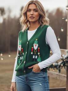 Women Christmas Sweater Vest Button Up Stylish Soldier Embroidered Ribbed V Neck Sleeveless Knitted Tank Tops - Green - View 3