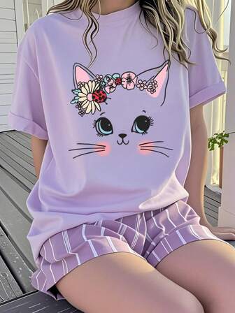 Tween Girls' Casual Cute Cat Print Round Neck Short Sleeve T-Shirt, Summer Top, Suitable For Adorable Girls' Daily Wear