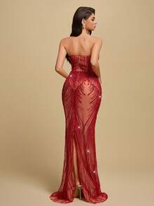 Astony One New Sexy Fitted Elegant Sequin Embellished Strapless Dress, Red Evening Gown Suitable For New Year, Valentine's Day, Carnival, Music Festival Parties, Engagement, Wedding, Birthday, Red Carpet Events - Red - View 5