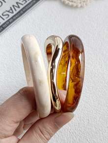 3pcs/Set Fashionable Elegant Exaggerated Retro Acrylic Bangle Bracelet Set With Gold CCB Bracelet, Simple Design, Suitable For Daily And Party Wear, All Seasons - Multicolor AG - View 3