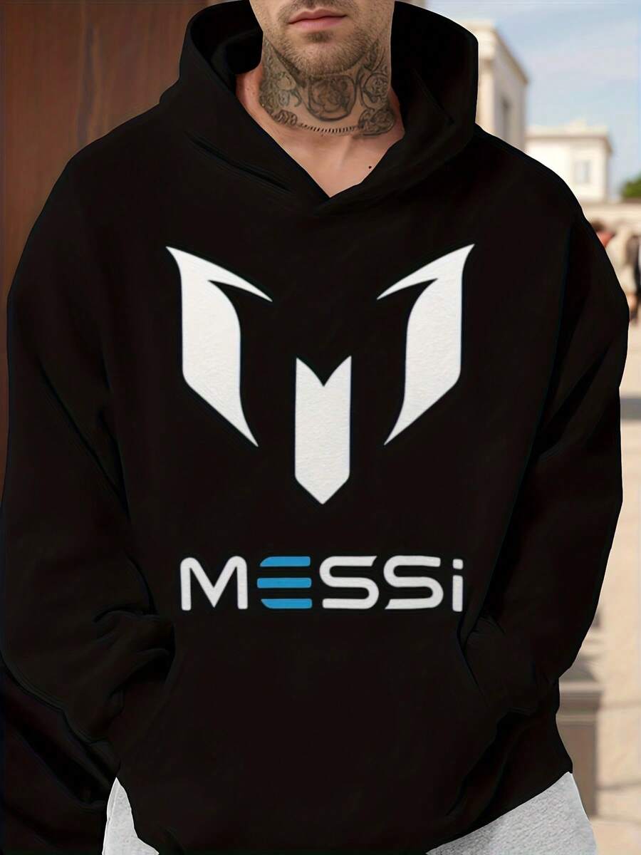 Messi Logo Hoodie Black Sweatshirt With White And Blue Design For Men And Women Casual Streetwear Fashion Sportswear Gift For Football Fans - màu đen - Xem 1