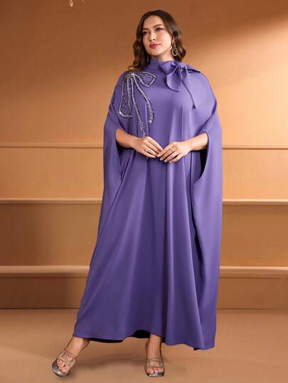 Plus Size Arabian Dress With Tie Neck Batwing Half Sleeves And Sparkle Beaded Appliques Long Woven Fabric