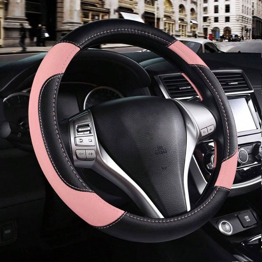 Leather Car Steering Wheel Cover, Non - Slip Car Wheel Cover Protector Breathable Microfiber Leather Universal Fit Most Beige - Pink - View 1