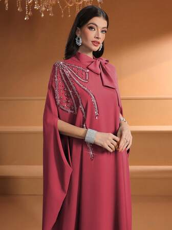 Elegant Tie Neck Long Abaya With Half Batwing Sleeves Beaded Embroidery And Pearls For Women