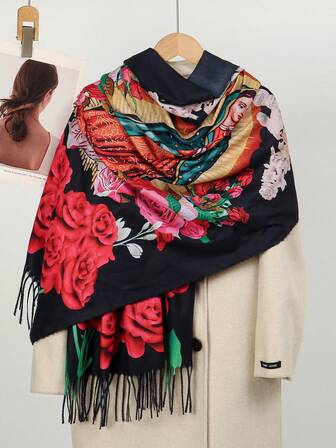 1 pieza Chal de cachemira con estampado de flores de la Virgen María de doble cara, cálido para otoño/invierno, informal y a prueba de viento, adecuado para uso diario