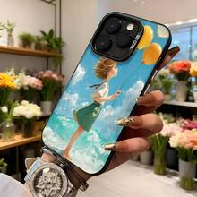 Cubierta de teléfono con diseño de niña con globos azul cielo y verde para mujer estilo veraniego ideal para uso diario y ocasiones casuales Aplicable a los teléfonos de la serie Apple y Galaxy - Negro - Ver 6