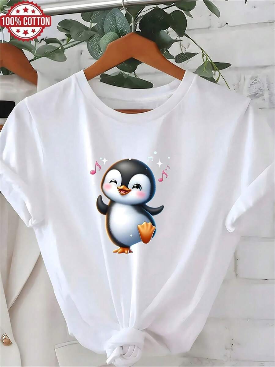 1PC 100% Cotton Cute Penguin Graphic Print Women's Crew Neck TShirt, Comfy Daily Wear, Perfect Holiday Gift, Birthday Gift, Suitable For Everyday Fashion. - White - View 1